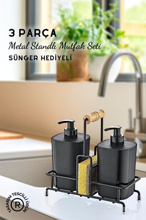Metal Standlı Siyah Begonya Bulaşık Deterjanı ve Sıvı Sabunluk Mutfak Seti-Sünger Hediyeli